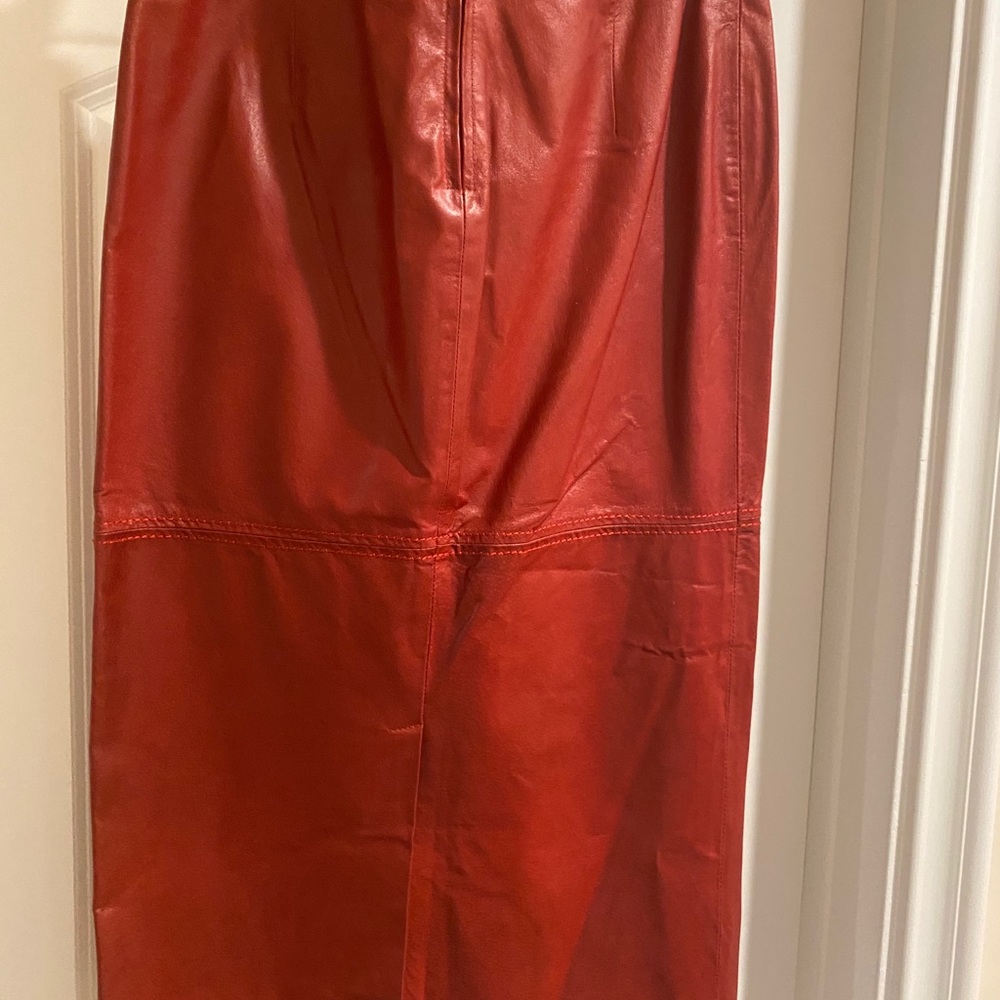 Ferre Red Pencil Leather Skirt Below the Knee